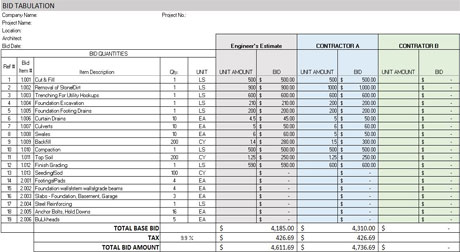 Bid Tabulation Template Download FREE