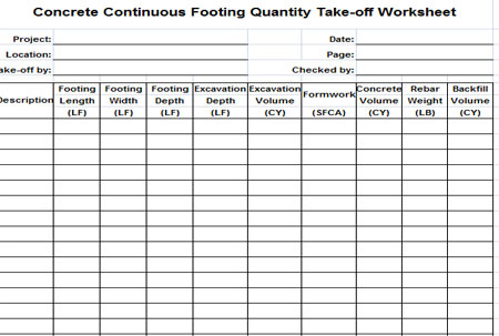 Download Concrete Continuous Footing Quantity Take-off Worksheet Template