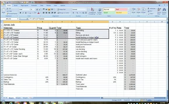 Excel to build a worksheet for estimating projects for the small contractor