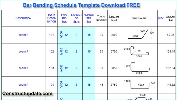 download bar bending schedule template free